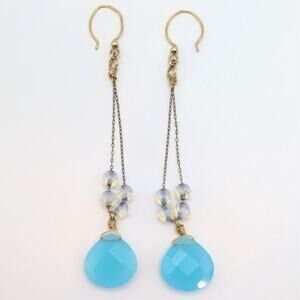 Gold Filled Long Blue Gemstone Teardrop Chain Long Drop Dangle Earrings 4.25in
